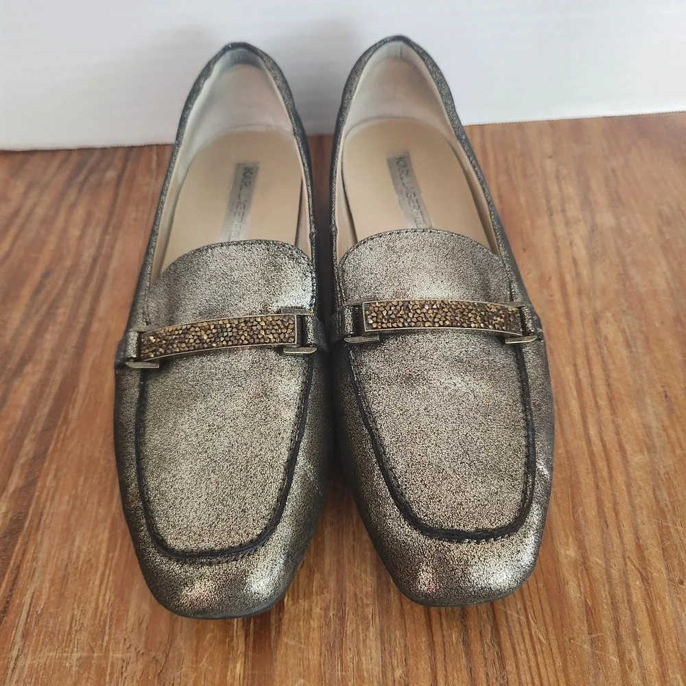 Karl Lagerfeld‎ Quigley Leather Bit Loafer Sparkling Bronze Size 9 Crystals Flat